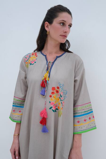 Shop_Roza_Beige Linen Print Floral Curved V Positano Dress _Online_at_Aza_Fashions