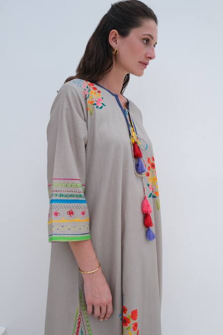 Roza_Beige Linen Print Floral Curved V Positano Dress _at_Aza_Fashions