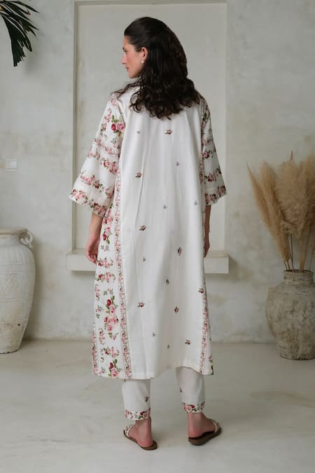 Shop Roza Ivory Linen Print Vintage Rose V Neck Phiran Kurta With Pant at Aza Fashions Shop_Roza_Ivory Linen Print Vintage Rose V Neck Phiran Kurta With Pant _at_Aza_Fashions