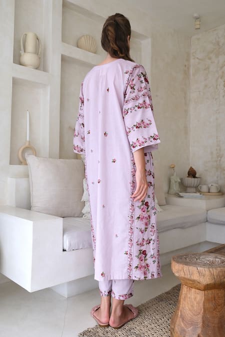 Shop Roza Purple Linen Print Vintage Rose V Neck Phiran Kurta And Pant Set at Aza Fashions Shop_Roza_Purple Linen Print Vintage Rose V Neck Phiran Kurta And Pant Set _at_Aza_Fashions