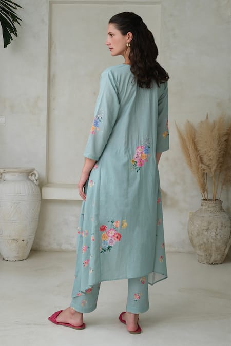 Shop Roza Blue Linen Print Floral Notched Rosita Kurta With Pant at Aza Fashions Shop_Roza_Blue Linen Print Floral Notched Rosita Kurta With Pant _at_Aza_Fashions