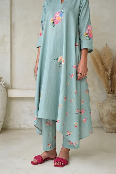 Buy Roza Blue Linen Print Floral Notched Rosita Kurta With Pant Online at Aza Fashions Buy_Roza_Blue Linen Print Floral Notched Rosita Kurta With Pant _Online_at_Aza_Fashions
