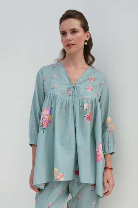 Roza Blue Linen Print Floral V Neck Rosita Top With Pant Online at Aza Fashions Roza_Blue Linen Print Floral V Neck Rosita Top With Pant _Online_at_Aza_Fashions