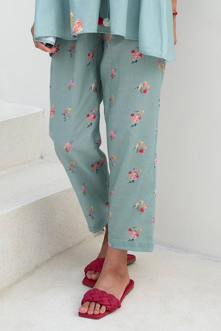 Buy Roza Blue Linen Print Floral V Neck Rosita Top With Pant Online at Aza Fashions Buy_Roza_Blue Linen Print Floral V Neck Rosita Top With Pant _Online_at_Aza_Fashions