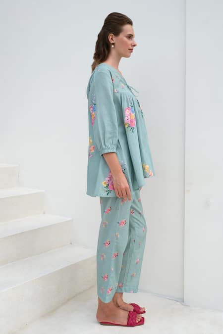 Shop Roza Blue Linen Print Floral V Neck Rosita Top With Pant Online at Aza Fashions Shop_Roza_Blue Linen Print Floral V Neck Rosita Top With Pant _Online_at_Aza_Fashions