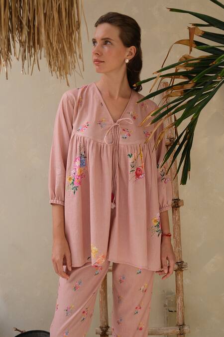 Roza_Pink Linen Printed Floral V-neck Rosita Flower Top With Pant _Online_at_Aza_Fashions