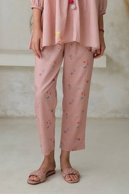 Buy Roza Pink Linen Printed Floral V-neck Rosita Flower Top With Pant Online at Aza Fashions Buy_Roza_Pink Linen Printed Floral V-neck Rosita Flower Top With Pant _Online_at_Aza_Fashions