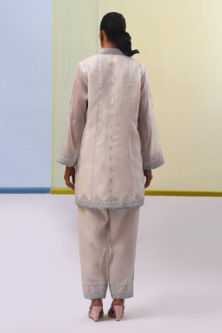 Shop Sue Mue Off White Silk Organza Pearls, Sequins, Embroidery Thread Kurta Salwar Set at Aza Fashions Shop_Sue Mue_Off White Silk Organza Pearls, Sequins, Embroidery Thread Kurta Salwar Set _at_Aza_Fashions