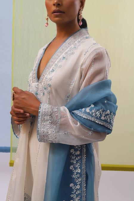 Sue Mue Off White Silk Organza Pearls, Sequins, Embroidery Thread Kurta Salwar Set Online at Aza Fashions Sue Mue_Off White Silk Organza Pearls, Sequins, Embroidery Thread Kurta Salwar Set _Online_at_Aza_Fashions