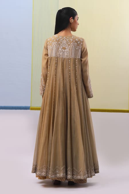 Shop Sue Mue Beige Handloom Cotton, Chanderi, Wahida Mughal Floral Anarkali Churidar Set at Aza Fashions Shop_Sue Mue_Beige Handloom Cotton, Chanderi, Wahida Mughal Floral Anarkali Churidar Set _at_Aza_Fashions
