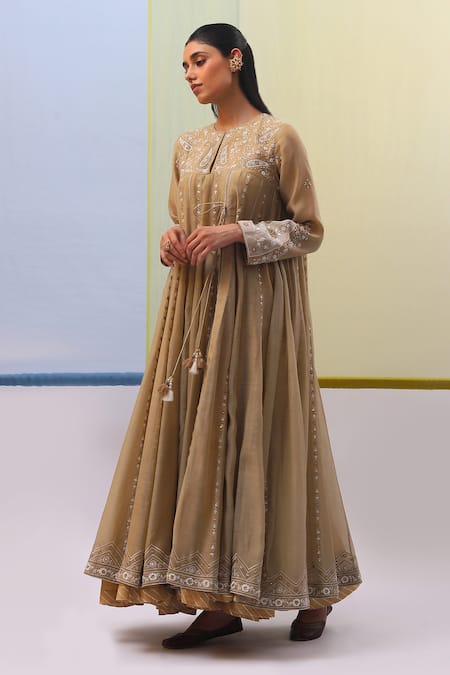 Buy Sue Mue Beige Handloom Cotton, Chanderi, Wahida Mughal Floral Anarkali Churidar Set Buy_Sue Mue_Beige Handloom Cotton, Chanderi, Wahida Mughal Floral Anarkali Churidar Set