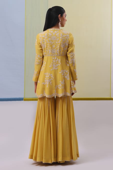 Sue Mue Yellow Organza, Sequins, Ashraqat Thread Short Kalidar Gharara Set Online at Aza Fashions Sue Mue_Yellow Organza, Sequins, Ashraqat Thread Short Kalidar Gharara Set _Online_at_Aza_Fashions