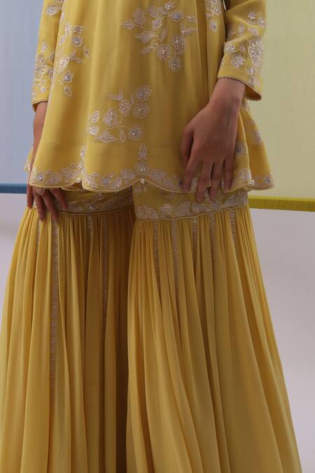 Shop Sue Mue Yellow Organza, Sequins, Ashraqat Thread Short Kalidar Gharara Set Online at Aza Fashions Shop_Sue Mue_Yellow Organza, Sequins, Ashraqat Thread Short Kalidar Gharara Set _Online_at_Aza_Fashions