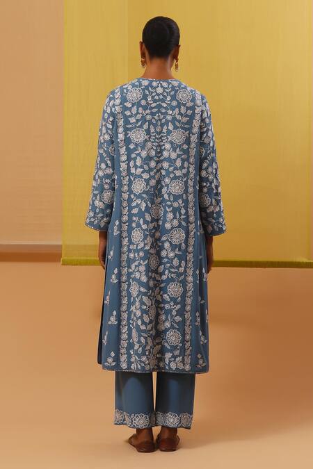 Shop Sue Mue Blue , Georgette, , Ismat Floral Jaal Kurta Pant Set at Aza Fashions Shop_Sue Mue_Blue , Georgette, , Ismat Floral Jaal Kurta Pant Set _at_Aza_Fashions