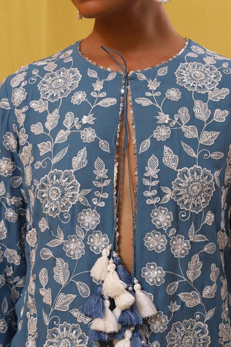 Sue Mue Blue , Georgette, , Ismat Floral Jaal Kurta Pant Set Online at Aza Fashions Sue Mue_Blue , Georgette, , Ismat Floral Jaal Kurta Pant Set _Online_at_Aza_Fashions