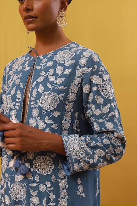 Buy Sue Mue Blue , Georgette, , Ismat Floral Jaal Kurta Pant Set Online at Aza Fashions Buy_Sue Mue_Blue , Georgette, , Ismat Floral Jaal Kurta Pant Set _Online_at_Aza_Fashions