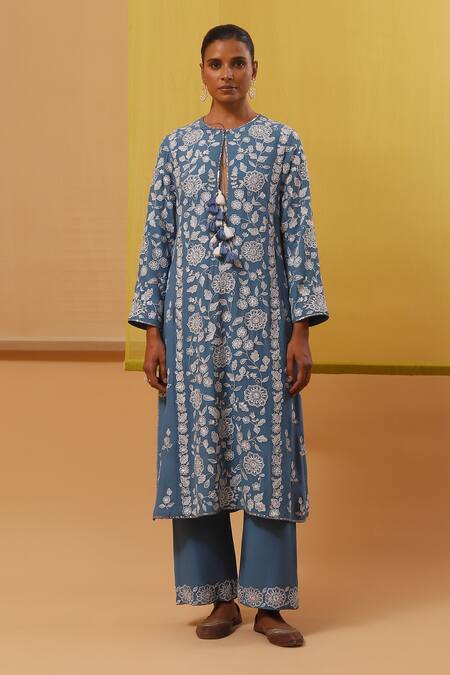 Shop Sue Mue Blue , Georgette, , Ismat Floral Jaal Kurta Pant Set Online at Aza Fashions Shop_Sue Mue_Blue , Georgette, , Ismat Floral Jaal Kurta Pant Set _Online_at_Aza_Fashions