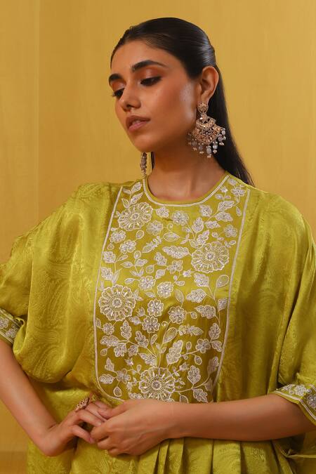 Sue Mue Green Chiffon, Silk Satin, Nura Floral Jacquard Embellished Kaftan Pant Set Online at Aza Fashions Sue Mue_Green Chiffon, Silk Satin, Nura Floral Jacquard Embellished Kaftan Pant Set _Online_at_Aza_Fashions