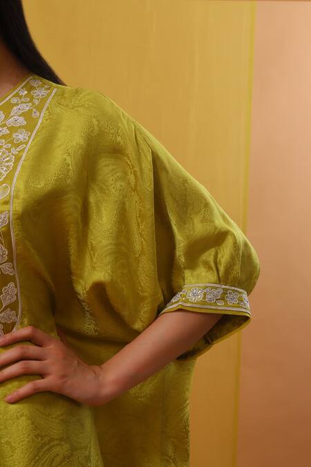 Buy Sue Mue Green Chiffon, Silk Satin, Nura Floral Jacquard Embellished Kaftan Pant Set Online at Aza Fashions Buy_Sue Mue_Green Chiffon, Silk Satin, Nura Floral Jacquard Embellished Kaftan Pant Set _Online_at_Aza_Fashions