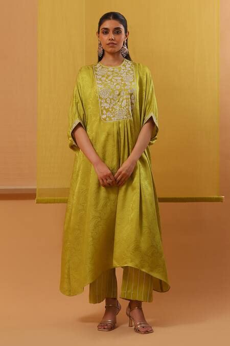 Sue Mue Green Chiffon, Silk Satin, Nura Floral Jacquard Embellished Kaftan Pant Set at Aza Fashions Sue Mue_Green Chiffon, Silk Satin, Nura Floral Jacquard Embellished Kaftan Pant Set _at_Aza_Fashions