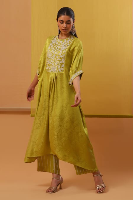 Buy Sue Mue Green Chiffon, Silk Satin, Nura Floral Jacquard Embellished Kaftan Pant Set Buy_Sue Mue_Green Chiffon, Silk Satin, Nura Floral Jacquard Embellished Kaftan Pant Set