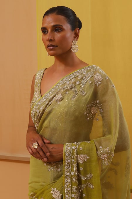 Sue Mue_Green Ramie, Silk, Handloom Lisna Thread Paisley Embroidered Saree With Blouse _Online_at_Aza_Fashions