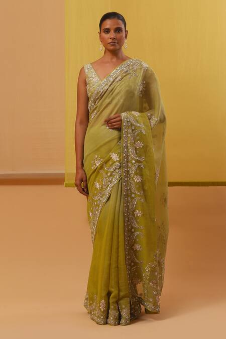 Shop_Sue Mue_Green Ramie, Silk, Handloom Lisna Thread Paisley Embroidered Saree With Blouse _Online_at_Aza_Fashions