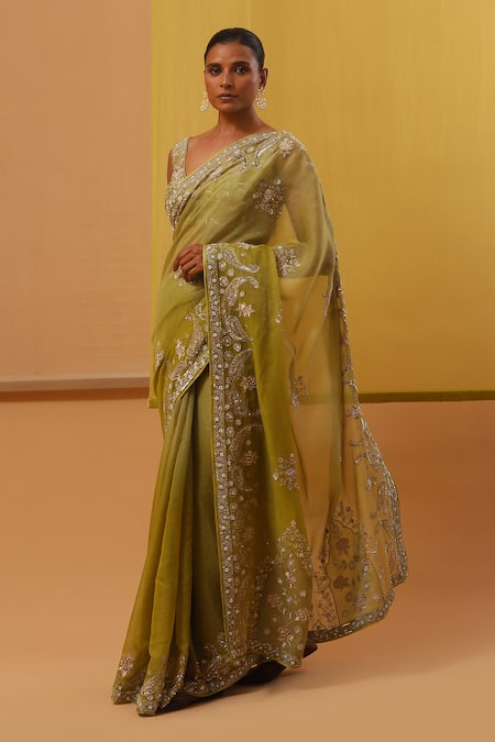 Sue Mue_Green Ramie, Silk, Handloom Lisna Thread Paisley Embroidered Saree With Blouse _at_Aza_Fashions