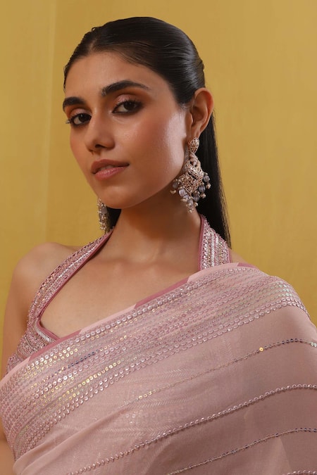 Buy Sue Mue Pink Georgette Sequins, Smocking Halter Neck Tonal Embellished Saree Set Online at Aza Fashions Buy_Sue Mue_Pink Georgette Sequins, Smocking Halter Neck Tonal Embellished Saree Set _Online_at_Aza_Fashions
