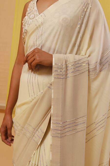 Shop_Sue Mue_Off White Silk Organza, Georgette Aaira Zari Embroidered Saree With Blouse _Online_at_Aza_Fashions