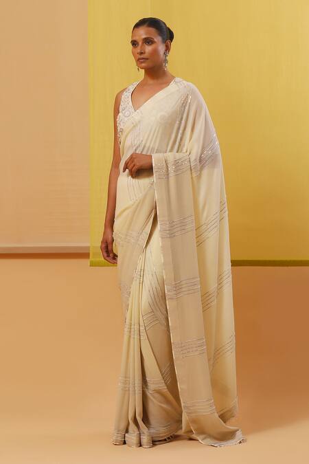 Sue Mue_Off White Silk Organza, Georgette Aaira Zari Embroidered Saree With Blouse _at_Aza_Fashions