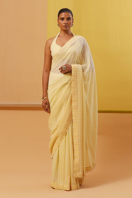 Sue Mue Narwa Tonal Sequin Stripe Pattern Saree With Blouse 