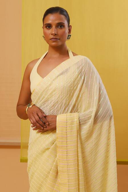 Buy_Sue Mue_Yellow Georgette Sequins, Zari Narwa Tonal Stripe Pattern Saree With Blouse _Online_at_Aza_Fashions