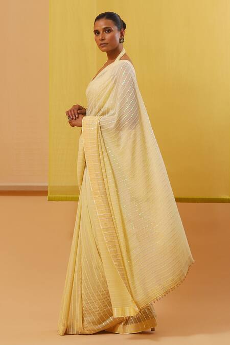 Buy_Sue Mue_Yellow Georgette Sequins, Zari Narwa Tonal Stripe Pattern Saree With Blouse 