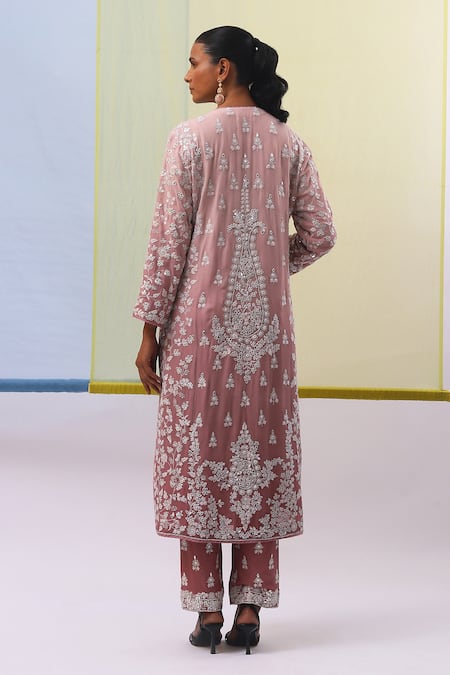 Sue Mue Pink Silk Organza, Georgette Sequins, Embroidery, Dua Patri Work Kurta Pant Set Online at Aza Fashions Sue Mue_Pink Silk Organza, Georgette Sequins, Embroidery, Dua Patri Work Kurta Pant Set _Online_at_Aza_Fashions