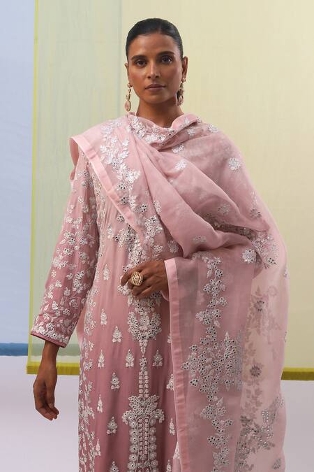 Shop Sue Mue Pink Silk Organza, Georgette Sequins, Embroidery, Dua Patri Work Kurta Pant Set Online at Aza Fashions Shop_Sue Mue_Pink Silk Organza, Georgette Sequins, Embroidery, Dua Patri Work Kurta Pant Set _Online_at_Aza_Fashions