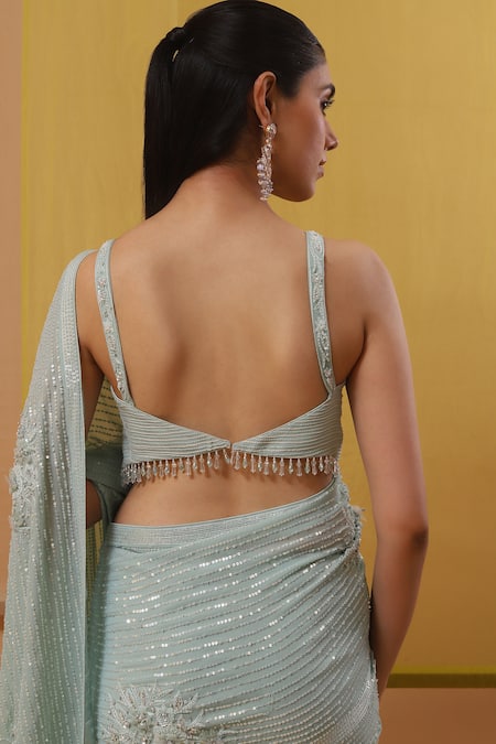 Sue Mue_Blue Georgette Sequins, Beads, Applique Alina Embroidered Saree With Blouse _at_Aza_Fashions