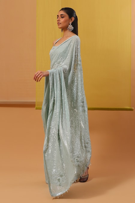 Buy_Sue Mue_Blue Georgette Sequins, Beads, Applique Alina Embroidered Saree With Blouse 