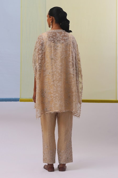 Shop Sue Mue Beige Organza, Satin Zari, Reeha Zardozi Embroidered Cape Pant Set at Aza Fashions Shop_Sue Mue_Beige Organza, Satin Zari, Reeha Zardozi Embroidered Cape Pant Set _at_Aza_Fashions
