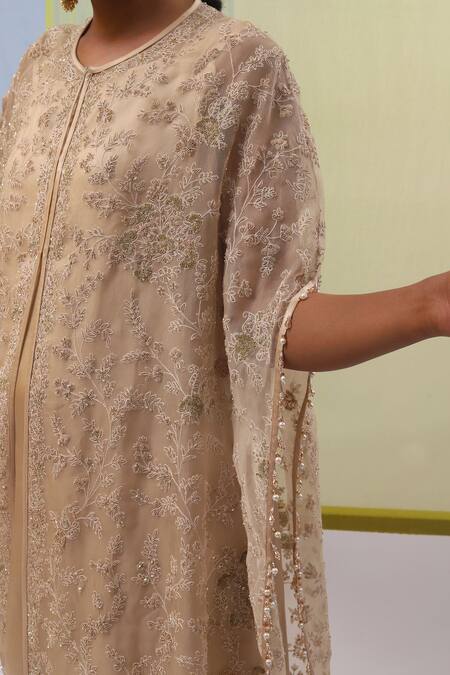 Shop Sue Mue Beige Organza, Satin Zari, Reeha Zardozi Embroidered Cape Pant Set Online at Aza Fashions Shop_Sue Mue_Beige Organza, Satin Zari, Reeha Zardozi Embroidered Cape Pant Set _Online_at_Aza_Fashions