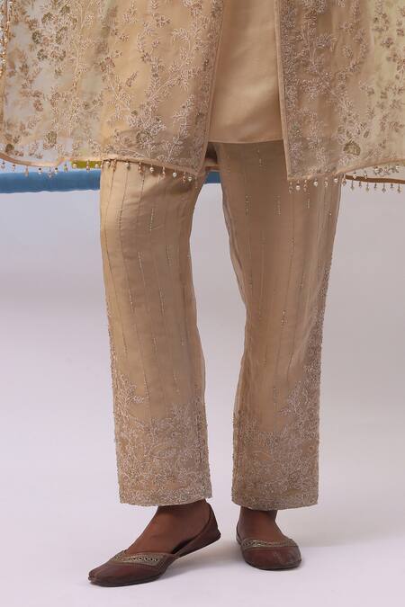 Sue Mue Beige Organza, Satin Zari, Reeha Zardozi Embroidered Cape Pant Set at Aza Fashions Sue Mue_Beige Organza, Satin Zari, Reeha Zardozi Embroidered Cape Pant Set _at_Aza_Fashions