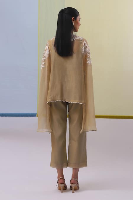 Shop_Sue Mue_Beige Chanderi Noya Gara Embroidered Cape With Pant _at_Aza_Fashions