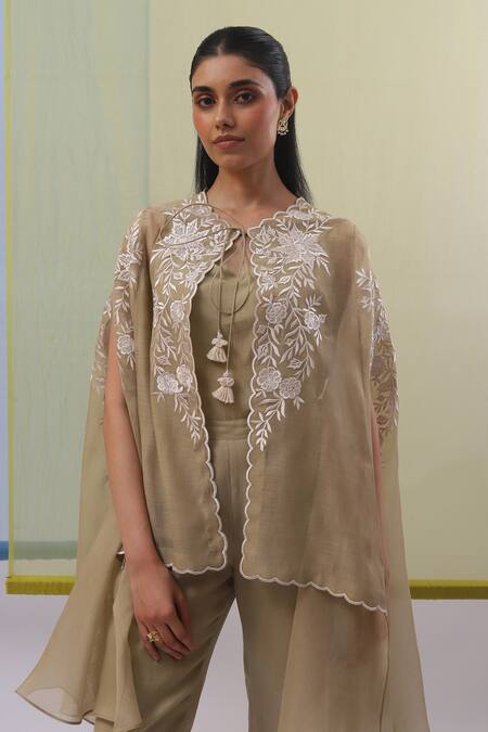 Sue Mue_Beige Chanderi Noya Gara Embroidered Cape With Pant _Online_at_Aza_Fashions