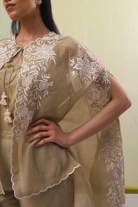 Buy_Sue Mue_Beige Chanderi Noya Gara Embroidered Cape With Pant _Online_at_Aza_Fashions