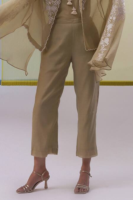 Shop_Sue Mue_Beige Chanderi Noya Gara Embroidered Cape With Pant _Online_at_Aza_Fashions