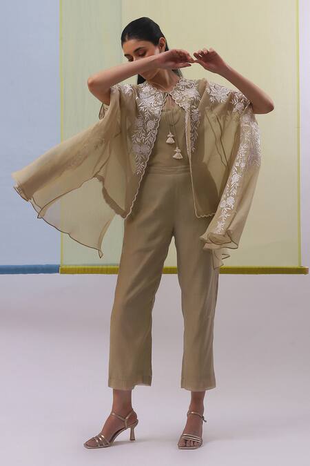 Sue Mue_Beige Chanderi Noya Gara Embroidered Cape With Pant _at_Aza_Fashions
