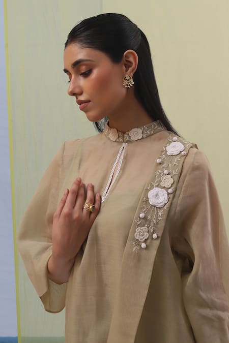 Sue Mue_Beige Chanderi, Cotton Embroidery, Applique Risha Thread Tunic With Pant _Online_at_Aza_Fashions