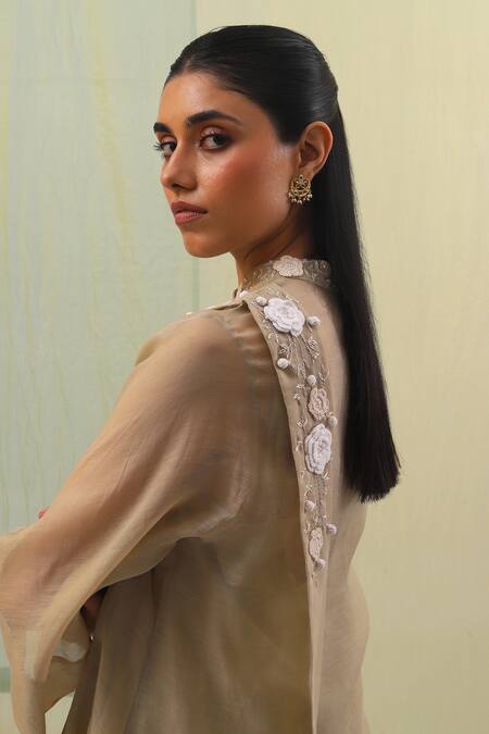 Buy_Sue Mue_Beige Chanderi, Cotton Embroidery, Applique Risha Thread Tunic With Pant _Online_at_Aza_Fashions