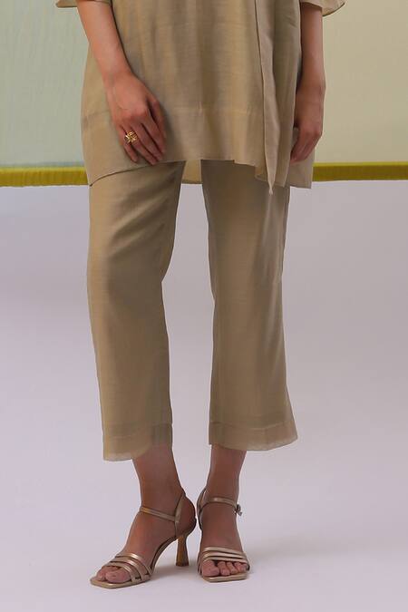 Shop_Sue Mue_Beige Chanderi, Cotton Embroidery, Applique Risha Thread Tunic With Pant _Online_at_Aza_Fashions