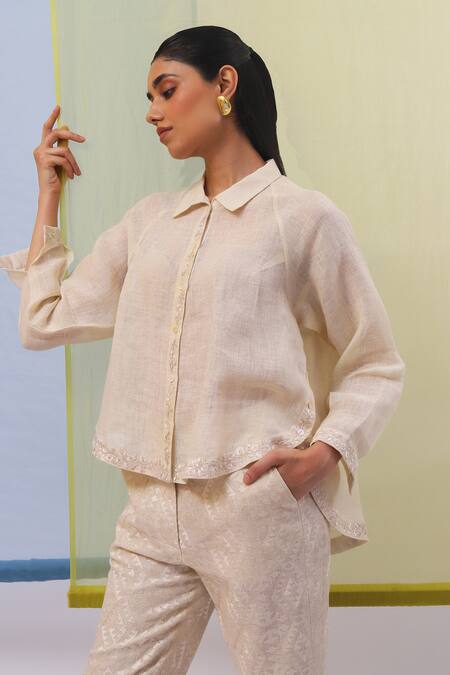 Buy Sue Mue Beige Linen Embroidery Shawl Neck Aami Gara High-low Shirt With Pant Online at Aza Fashions Buy_Sue Mue_Beige Linen Embroidery Shawl Neck Aami Gara High-low Shirt With Pant _Online_at_Aza_Fashions